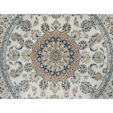 Load image into Gallery viewer, 6&#39;x6&#39; Winter White, Hand Knotted, Nain with Flower Medallion Design, Wool and Silk, 250 KPSI, Soft Pile, Round, Oriental Rug FWR549366