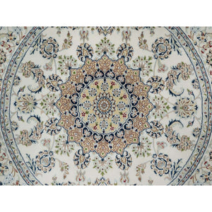 6'x6' Winter White, Hand Knotted, Nain with Flower Medallion Design, Wool and Silk, 250 KPSI, Soft Pile, Round, Oriental Rug FWR549366