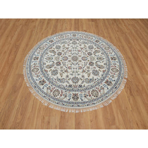 6'x6' Alabaster White, Hand Knotted, Nain with All Over Flower Pattern, Wool and Silk, Soft Pile, 250 KPSI, Round, Oriental Rug FWR549372