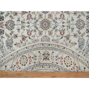6'x6' Alabaster White, Hand Knotted, Nain with All Over Flower Pattern, Wool and Silk, Soft Pile, 250 KPSI, Round, Oriental Rug FWR549372