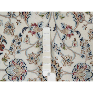 6'x6' Alabaster White, Hand Knotted, Nain with All Over Flower Pattern, Wool and Silk, Soft Pile, 250 KPSI, Round, Oriental Rug FWR549372