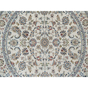 6'x6' Alabaster White, Hand Knotted, Nain with All Over Flower Pattern, Wool and Silk, Soft Pile, 250 KPSI, Round, Oriental Rug FWR549372