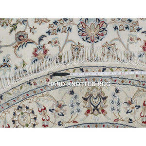 6'x6' Alabaster White, Hand Knotted, Nain With All Over Flower Pattern, Wool And Silk, Soft Pile, 250 Kpsi, Round, Oriental Rug FWR549372