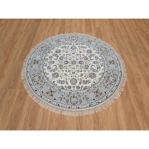 5'1"x5'1" Vista White, Wool and Silk, Nain with All Over Flower Design, 250 KPSI, Hand Knotted, Soft Pile, Round, Oriental Rug FWR549378