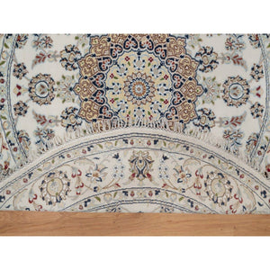5'x5' Pristine White, Nain with Flower Medallion Design, Hand Knotted, Wool and Silk, 250 KPSI, Soft Pile, Round, Oriental Rug FWR549390