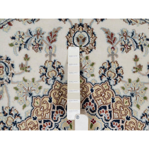 5'x5' Pristine White, Nain with Flower Medallion Design, Hand Knotted, Wool and Silk, 250 KPSI, Soft Pile, Round, Oriental Rug FWR549390