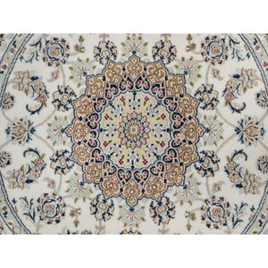 5'x5' Pristine White, Nain with Flower Medallion Design, Hand Knotted, Wool and Silk, 250 KPSI, Soft Pile, Round, Oriental Rug FWR549390