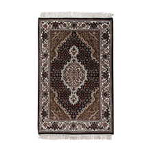 Load image into Gallery viewer, 2&#39;x3&#39; Jet Black, Tabriz Mahi with Fish Medallion Design, 175 KPSI, 100% Wool, Hand Knotted, Sample, Mat, Oriental Rug FWR549402
