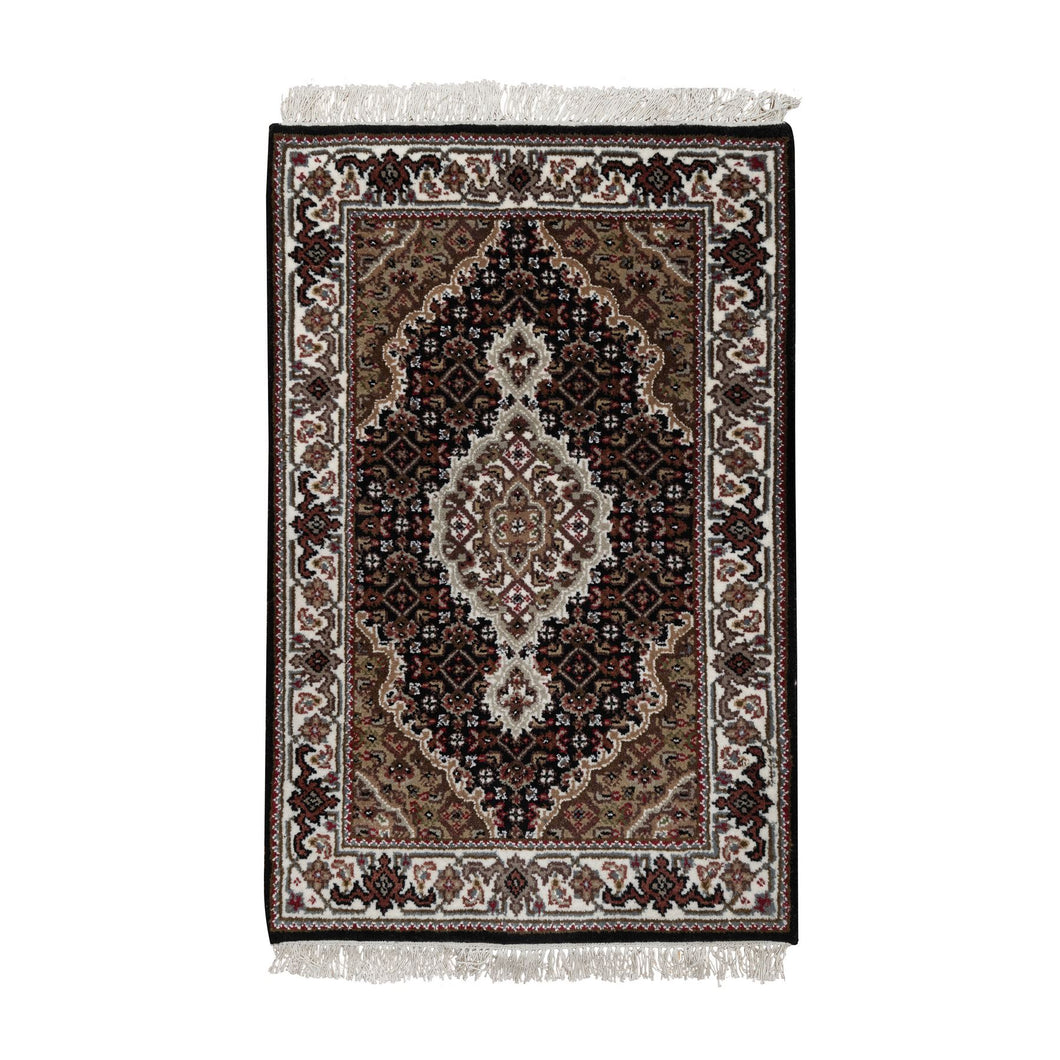 2'x3' Jet Black, Tabriz Mahi with Fish Medallion Design, 175 KPSI, 100% Wool, Hand Knotted, Sample, Mat, Oriental Rug FWR549402