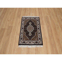 Load image into Gallery viewer, 2&#39;x3&#39; Jet Black, Tabriz Mahi with Fish Medallion Design, 175 KPSI, 100% Wool, Hand Knotted, Sample, Mat, Oriental Rug FWR549402