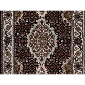 2'x3' Jet Black, Tabriz Mahi with Fish Medallion Design, 175 KPSI, 100% Wool, Hand Knotted, Sample, Mat, Oriental Rug FWR549402