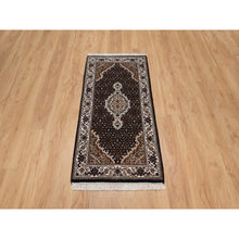 Load image into Gallery viewer, 2&#39;x4&#39;1&quot; Jet Black, 175 KPSI, Tabriz Mahi with Fish Medallion Design, 100% Wool, Hand Knotted, Mat, Sample, Oriental Rug FWR549414