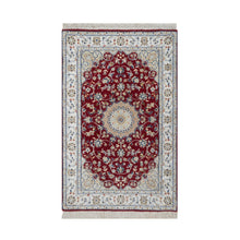 Load image into Gallery viewer, 2&#39;6&quot;x4&#39;1&quot; Rhubarb Red, Nain with Flower Medallion Design, Hand Knotted, Wool and Silk, Soft Pile, 250 KPSI, Mat, Sample, Oriental Rug FWR549432