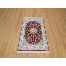 Load image into Gallery viewer, 2&#39;6&quot;x4&#39;1&quot; Rhubarb Red, Nain with Flower Medallion Design, Hand Knotted, Wool and Silk, Soft Pile, 250 KPSI, Mat, Sample, Oriental Rug FWR549432