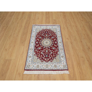 2'6"x4'1" Rhubarb Red, Nain with Flower Medallion Design, Hand Knotted, Wool and Silk, Soft Pile, 250 KPSI, Mat, Sample, Oriental Rug FWR549432