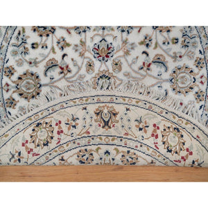 3'1"x3'1" Pearl White, Nain with All Over Flower Pattern, Wool and Silk, Hand Knotted, Soft Pile, 250 KPSI, Round, Oriental Rug FWR549438