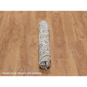 3'1"x3'1" Pearl White, Nain with All Over Flower Pattern, Wool and Silk, Hand Knotted, Soft Pile, 250 KPSI, Round, Oriental Rug FWR549438