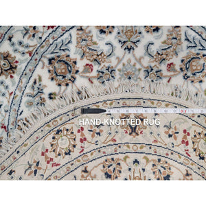 3'1"x3'1" Pristine White, Nain with All Over Flower Design, 250 KPSI, Wool and Silk, Hand Knotted, Soft Pile, Round, Oriental Rug FWR549330