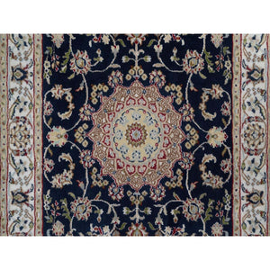 3'1"x5'2" Phantom Blue, Nain with Flower Medallion Design, Wool and Silk, Hand Knotted, Soft Pile, 250 KPSI, Oriental Rug FWR549444