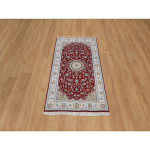 2'6"x4'9" Berry Red, Nain with Flower Medallion Design, Wool and Silk, Hand Knotted, 250 KPSI, Soft Pile, Oriental Rug FWR549456