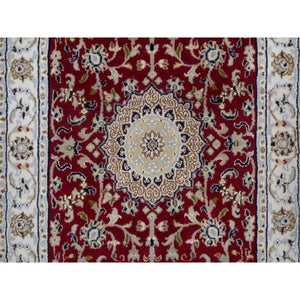 2'6"x4'9" Berry Red, Nain with Flower Medallion Design, Wool and Silk, Hand Knotted, 250 KPSI, Soft Pile, Oriental Rug FWR549456