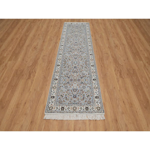 2'8"x10'1" Pigeon Blue, Wool and Silk, Nain with All Over Floral Pattern, Hand Knotted, 250 KPSI, Soft Pile, Runner, Oriental Rug FWR549462