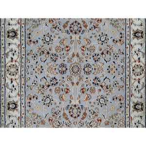 2'8"x10'1" Pigeon Blue, Wool and Silk, Nain with All Over Floral Pattern, Hand Knotted, 250 KPSI, Soft Pile, Runner, Oriental Rug FWR549462