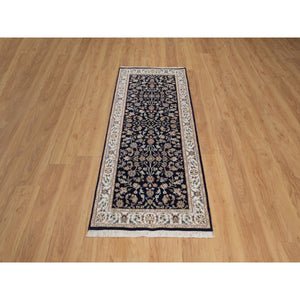 2'7"x6'3" Caviar Blue, Nain with All Over Floral Pattern, Wool and Silk, Soft Pile, 250 KPSI, Hand Knotted, Runner, Oriental Rug FWR549474