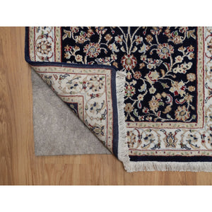 2'7"x6'3" Caviar Blue, Nain with All Over Floral Pattern, Wool and Silk, Soft Pile, 250 KPSI, Hand Knotted, Runner, Oriental Rug FWR549474