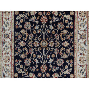 2'7"x6'3" Caviar Blue, Nain with All Over Floral Pattern, Wool and Silk, Soft Pile, 250 KPSI, Hand Knotted, Runner, Oriental Rug FWR549474