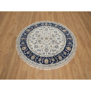 5'x5' Whisper White, Nain with All Over Flower Design, Soft Pile, 250 KPSI, Wool and Silk, Hand Knotted, Round, Oriental Rug FWR549480