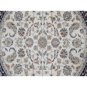 6'2"x6'2" Daisy White, 250 KPSI, Nain with All Over Flower Design, Wool and Silk, Soft Pile, Hand Knotted, Round, Oriental Rug FWR549486