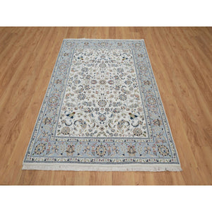 4'9"x6'10" Daisy White, Nain with All Over Flower Pattern, Soft Pile, 250 KPSI, Wool and Silk, Hand Knotted, Oriental Rug FWR549492