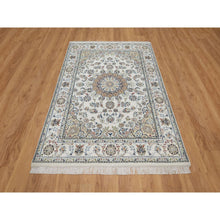 Load image into Gallery viewer, 4&#39;8&quot;x6&#39;10&quot; Winter White, Nain with Flower Medallion Design, 250 KPSI, Hand Knotted, Wool and Silk, Soft Pile, Oriental Rug FWR549498