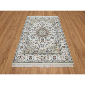 4'8"x6'10" Winter White, Nain with Flower Medallion Design, 250 KPSI, Hand Knotted, Wool and Silk, Soft Pile, Oriental Rug FWR549498