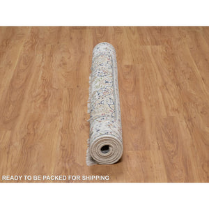 4'8"x6'10" Winter White, Nain with Flower Medallion Design, 250 KPSI, Hand Knotted, Wool and Silk, Soft Pile, Oriental Rug FWR549498