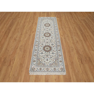 2'7"x8' Pristine White, Nain with Flower Medallion Design, Hand Knotted, Wool and Silk, 250 KPSI, Soft Pile, Runner, Oriental Rug FWR549504