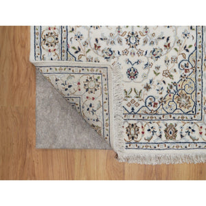 2'7"x8' Pristine White, Nain with Flower Medallion Design, Hand Knotted, Wool and Silk, 250 KPSI, Soft Pile, Runner, Oriental Rug FWR549504