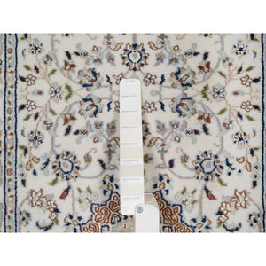 2'7"x8' Pristine White, Nain with Flower Medallion Design, Hand Knotted, Wool and Silk, 250 KPSI, Soft Pile, Runner, Oriental Rug FWR549504
