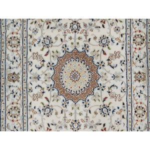 2'7"x8' Pristine White, Nain with Flower Medallion Design, Hand Knotted, Wool and Silk, 250 KPSI, Soft Pile, Runner, Oriental Rug FWR549504