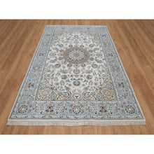 Load image into Gallery viewer, 6&#39;x9&#39; Pristine White, 250 KPSI, Nain with Flower Medallion Design, Wool and Silk, Soft Pile, Hand Knotted, Oriental Rug FWR549516