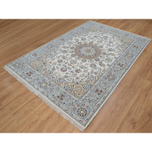Load image into Gallery viewer, 6&#39;x9&#39; Pristine White, 250 KPSI, Nain with Flower Medallion Design, Wool and Silk, Soft Pile, Hand Knotted, Oriental Rug FWR549516