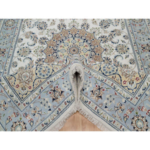 6'x9' Pristine White, 250 KPSI, Nain with Flower Medallion Design, Wool and Silk, Soft Pile, Hand Knotted, Oriental Rug FWR549516