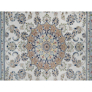 6'x9' Pristine White, 250 KPSI, Nain with Flower Medallion Design, Wool and Silk, Soft Pile, Hand Knotted, Oriental Rug FWR549516