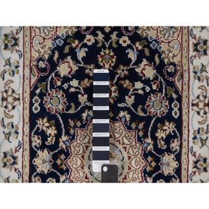 2'1"x3'2" Caviar Blue, Nain with Flower Medallion Design, Wool and Silk, Soft Pile, Hand Knotted, 250 KPSI, Mat, Sample, Oriental Rug FWR549540