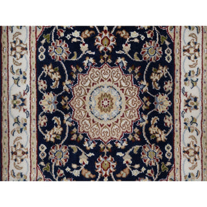 2'1"x3'2" Caviar Blue, Nain with Flower Medallion Design, Wool and Silk, Soft Pile, Hand Knotted, 250 KPSI, Mat, Sample, Oriental Rug FWR549540