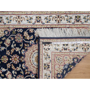 2'1"x3'2" Caviar Blue, Nain with Flower Medallion Design, Wool and Silk, Soft Pile, Hand Knotted, 250 KPSI, Mat, Sample, Oriental Rug FWR549540