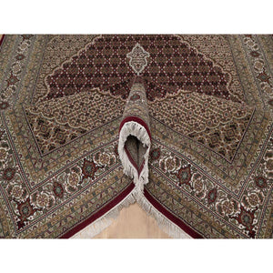 7'8"x9'10" Carmine Red, Tabriz Mahi with Fish Medallion Design, Soft Wool, Hand Knotted, Densely Woven, Oriental Rug FWR549564