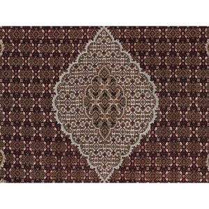 7'8"x9'10" Carmine Red, Tabriz Mahi with Fish Medallion Design, Soft Wool, Hand Knotted, Densely Woven, Oriental Rug FWR549564