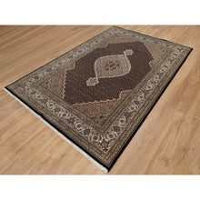 Load image into Gallery viewer, 6&#39;x9&#39;1&quot; Pitch Black, Tabriz Mahi with Fish Medallion Design, 175 KPSI, Hand Knotted, 100% Wool, Oriental Rug FWR549582